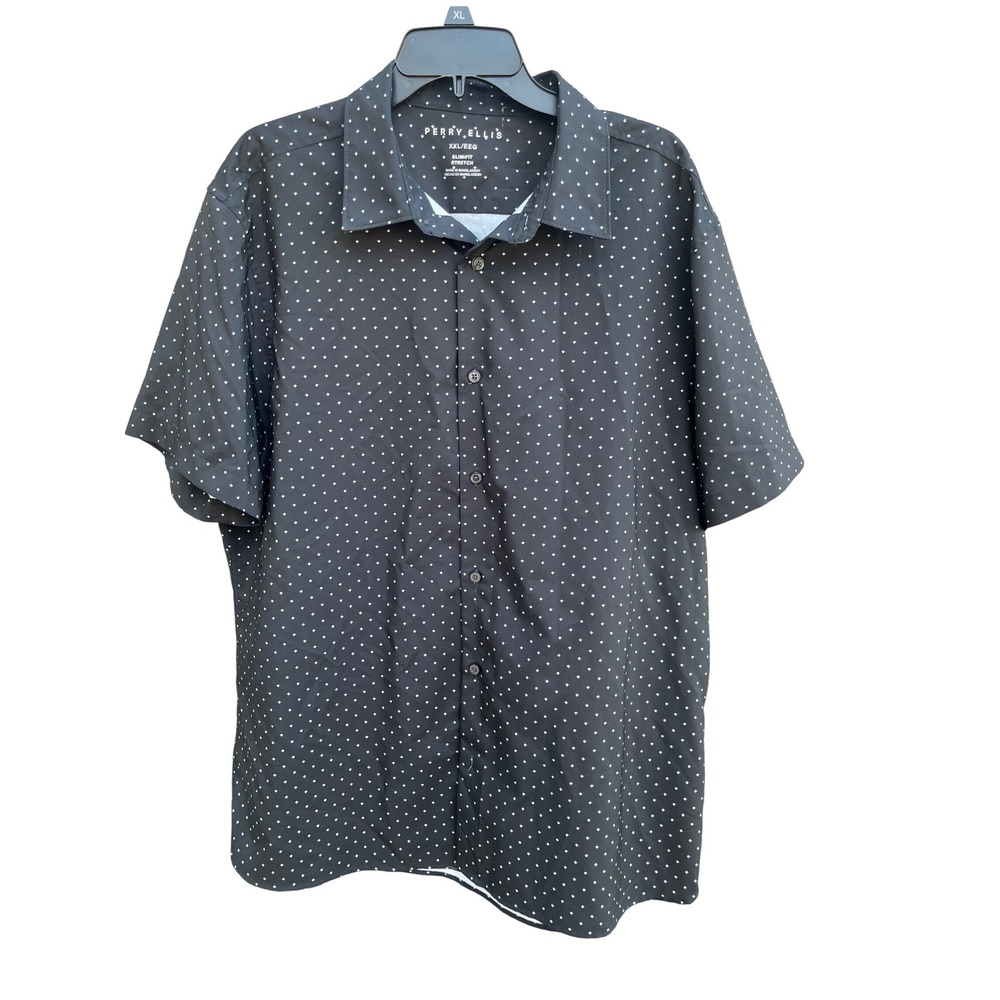 Perry Ellis Mens XXL Slim Fit Stretch Short Sleeve Button Down Shirt Black White